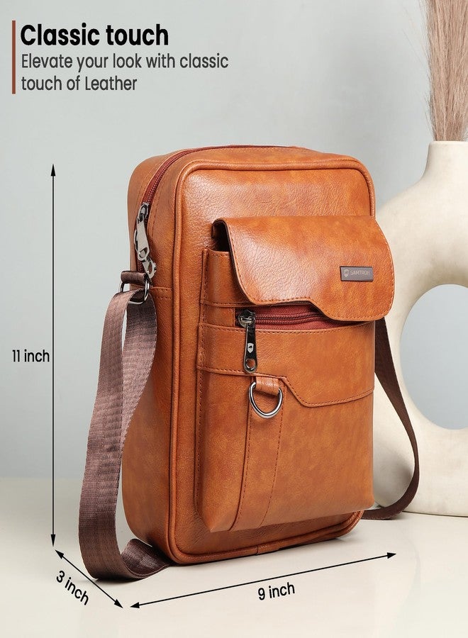 SAMTROH Vegan Leather Small Sling Bag for Men, Chest Crossbody Side Bag, Mini Leather Passport Sling, Corporate Gift Item (Tan) - Image 3